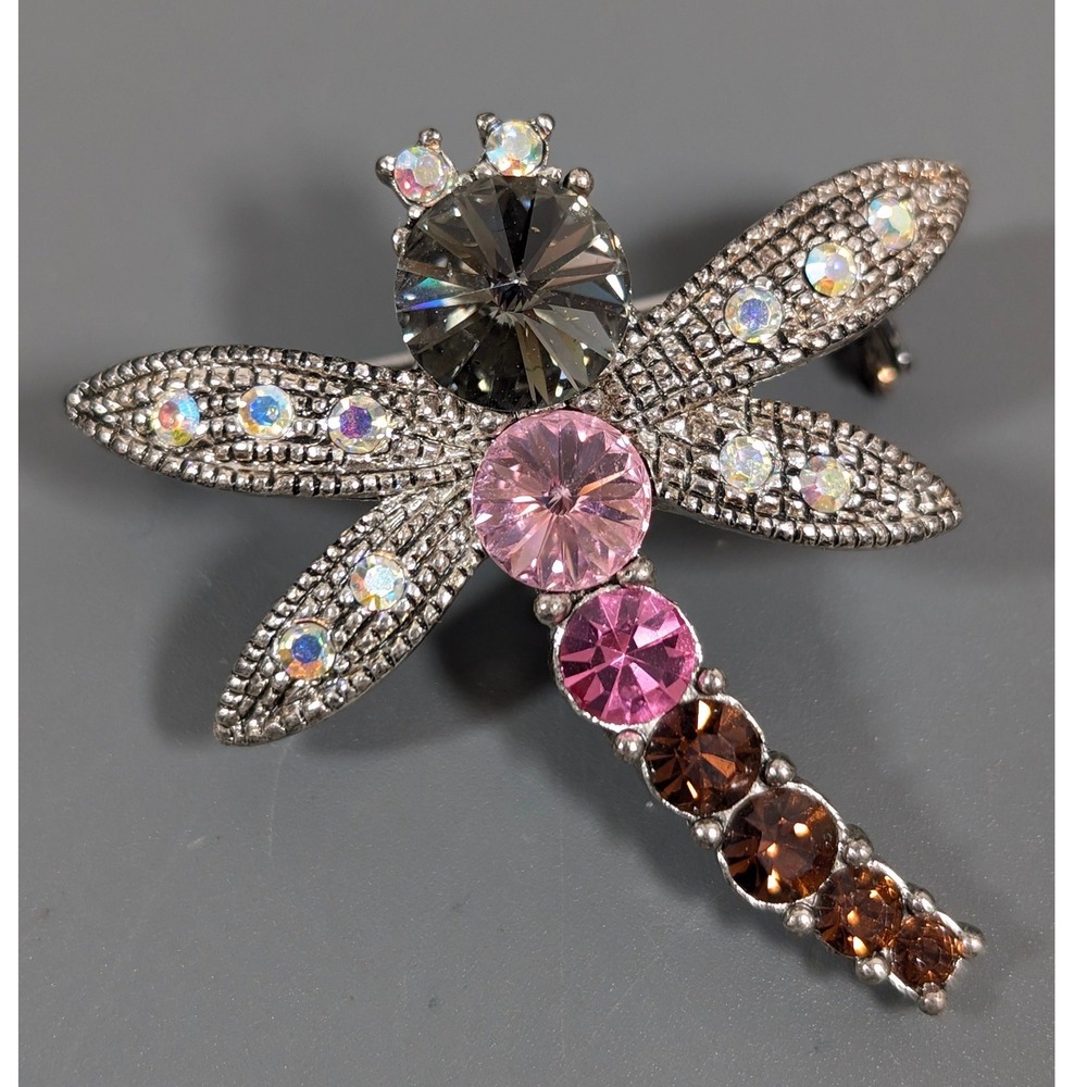 Vintage Dragonfly Brooch Aurora Borealis Rhinestone Pink Gray Silver Tone Pin